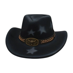 Black western cowboy hat with grey stars and bull head buckle for outdoor sun protection