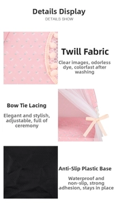 Detail view of pink floral fabric, bow tie lace and non-slip bottom of the pet tent