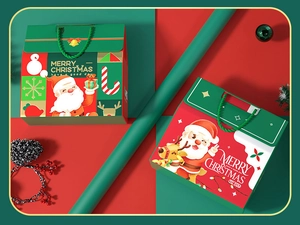 Detail of Christmas gift box featuring Santa and reindeer illustrations with rope handle