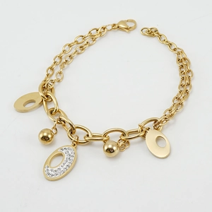 Double-layer 18K gold plated stainless steel bracelet with rhinestone oval pendants