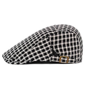 Retro black and white plaid flat cap with side metal buckle for outdoor sun protection