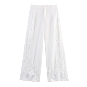 Pantalon Large Droit Élégant Pour Femme Avec Patchwork En Dentelle Et Künstliche Perles Artificielles Pantalon De Commutation Blanc