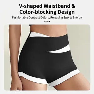 High-waisted V-cross gym shorts in black with white contrast trim for fitness
