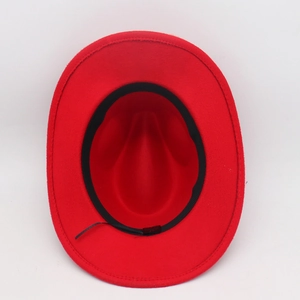 Inside view of red wool felt cowboy hat with adjustable black sweatband and neat stitching