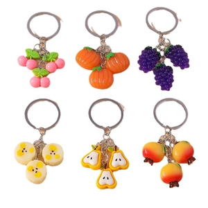 Fruit keychain set featuring simulation cherry pumpkin banana and pear resin charms