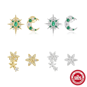 Asymmetric 925 Sterling Silver Stud Earrings With Zirconia For Women Moon Star Flower Gold Silver Plated Jewelry Accessories