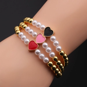 Fashion Heart Pendant Faux Artificial Pearl Gold Plated Copper Beaded Elastic Bracelet For Women