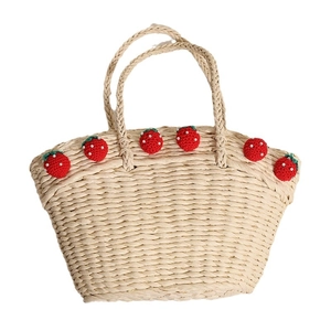 Straw woven beach bag with red strawberry charms and large capacity for summer vacation