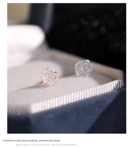 Macro detail of S925 silver rose earrings with iridescent coating and polished plating