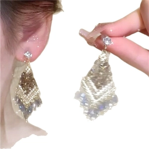 Sparkling crystal teardrop tassel earrings with silver needle and gold metal plating