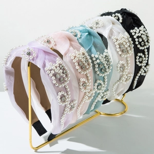 Elegant Mesh Knotted Headband For Women Vintage Faux Artificial Pearl Rhinestone Flower Pattern Wide Hair Band Light Luxury Hair Accessory