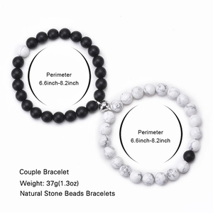 Matte black and white turquoise magnetic couple bracelets with heart charms