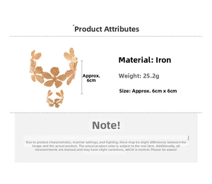 Detailed specs for gold flower open bangle and ring set made of textured iron