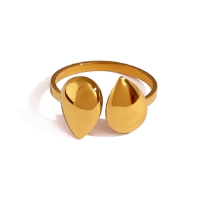 Detail of 18K gold plated stainless steel open ring with polished teardrop ends