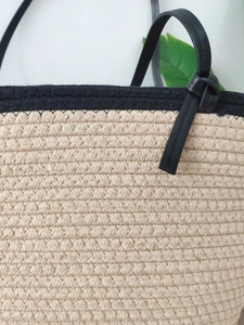 Handmade woven cotton rope tote bag with black trim for beach holidays and large capacity