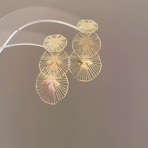 Détail macro de boucles d'oreilles dorées à plusieurs niveaux sur un support en acrylique