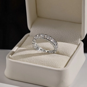 Eternity ring with rectangle cut zircons in premium white leather jewelry gift box