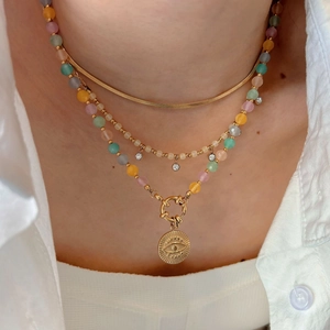 Three-layer gold snake chain and colorful beaded necklace with sun-eye pendant