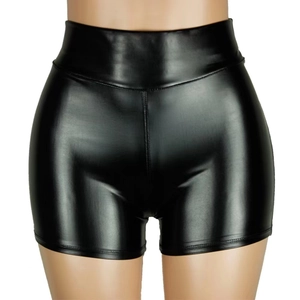 Front view of black high-waisted PU leather shorts with a glossy finish for women