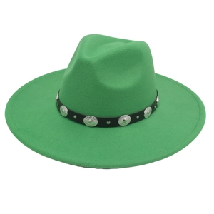 Detail of wide brim green wool felt fedora with black leather band and silver metal studs