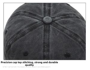 Detailed macro view of reinforced stitching on a vintage washed cotton baseball cap crown
