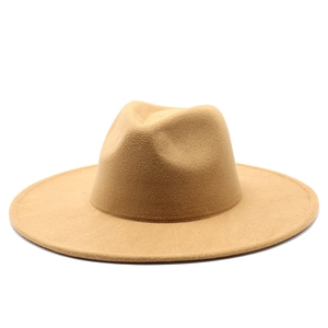 Side view detail of a classic camel wool felt fedora hat with an elegant wide 9cm brim