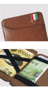 Macro detail of brown leather magic wallet showing stitching and elastic strap design