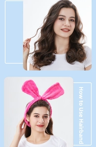 Usage instructions for pink plush rabbit ear headband in coral fleece for skincare