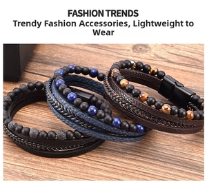 Detail of multi-layer braided leather bracelets with tiger eye beads and magnetic clasp