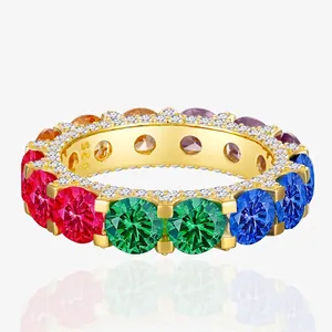 S925 Sterling Silver Rainbow Eternity Ring With Round Cut Colored Zirconia Luxury Full Row Inlaid Ring For Women Jewelry