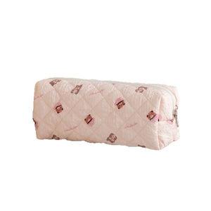 Pink quilted pencil case with cute bear and cupcake patterns for students and kids