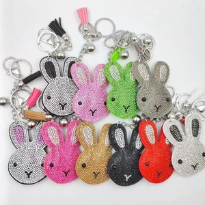 Cute Rabbit Head Keychain Sparkling Rhinestone Alloy Leather Tassel Bell Pendant For Women Bag Charms Accessory Gift
