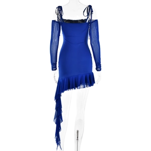 Detail view of the blue off-shoulder mesh sleeve dress with ruffled hem and backless design