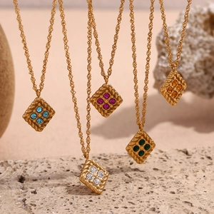 18K gold plated stainless steel diamond shaped necklaces with colorful gemstones