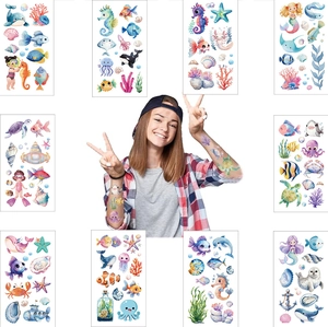 Detailed set of 10 waterproof ocean animal temporary tattoos for kids featuring cartoon sea life