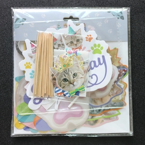 Close-up of cat-themed birthday cake topper set with bamboo sticks in clear packaging