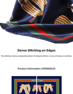 Close-up of high-quality navy satin scarf showing meticulous stitched edge and harness print