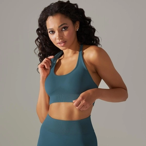 Detail of seamless ribbed teal yoga set showing high elasticity fabric and racerback bra