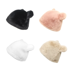 Cute Bear Ears Faux Fur Bucket Hat Thick Warm Winter Plush Fisherman Cap Windproof Adjustable Outdoor For Women