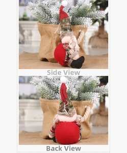 Side and back view of a handmade gnome plush ornament with a green plaid hat and red body