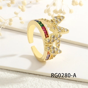 Detail view of 18K gold plated butterfly ring with rainbow cubic zirconia stones