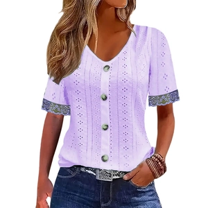 Light purple V-neck eyelet lace blouse with buttons and short sleeves for women