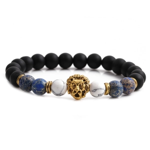 Mens 8mm black matte and imperial stone beaded bracelet with golden lion head charm