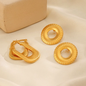 18K gold plated stainless steel textured round studs and drop hoop earrings set