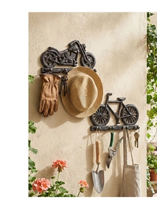 Ganchos de pared vintage de hierro fundido para moto con herramientas de jardinería