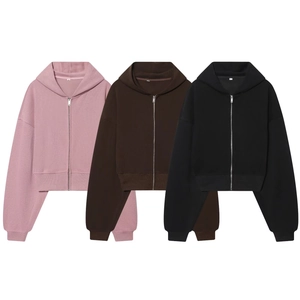 Three colors of women's hooded zip-up sweatshirts in pink, brown, and black casual style