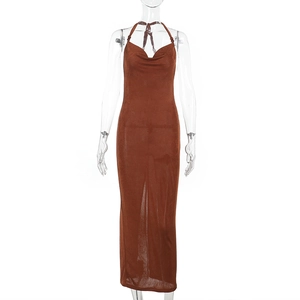 Detailed view of the brown halter neck maxi dress with fine knitted fabric texture