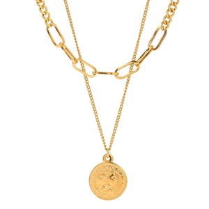 Layered gold stainless steel necklace featuring thick link chain and coin pendant charm