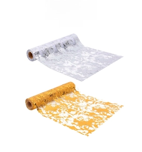 Detail of gold and silver bronzing mesh table runners with metallic texture for parties