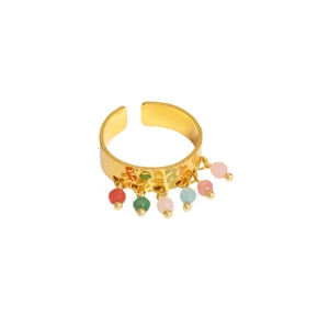 Anello regolabile in acciaio oro 18K con texture martellata e ciondoli in pietre colorate